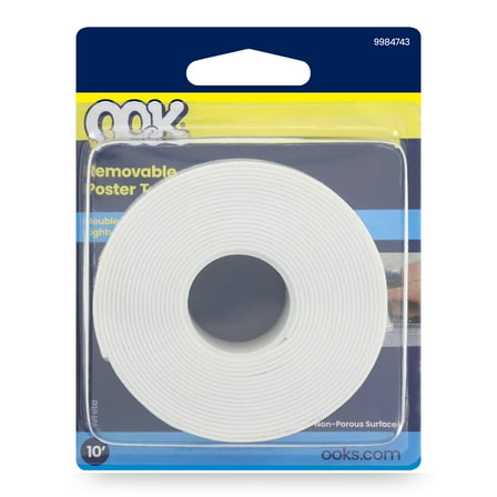 Ook Double Sided Removable Poster Tape, 10 ft, 1 lb, Rubber adhesive, White, 1 roll