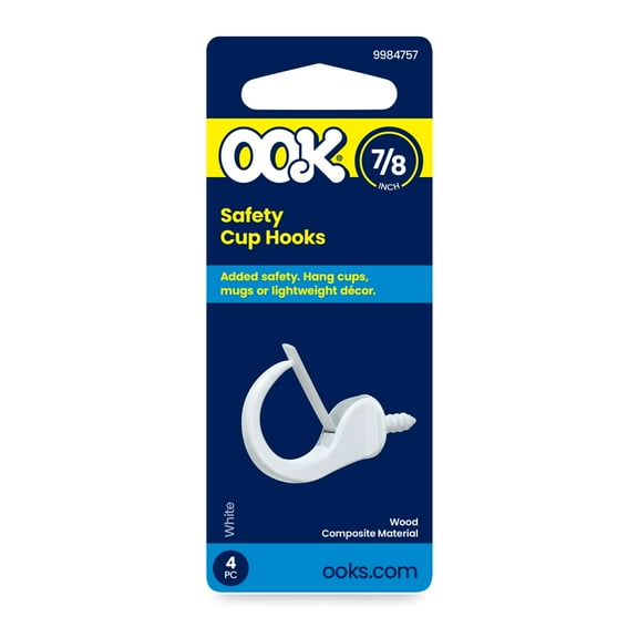 Ook Safety Cup Hooks, 7/8", 0.5 lbs, Screw Hooks, Steel, White, 4 pack
