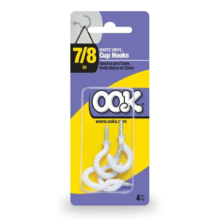 Ook Cup Hooks, 7/8", 0.5 lbs, Screw Hooks, Steel, White Vinyl, 4 pack