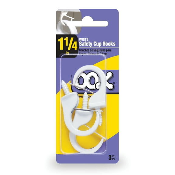 Ook Safety Cup Hooks, 1-1/4", 1 lbs, Screw Hooks, Steel, White Vinyl, 3 pack