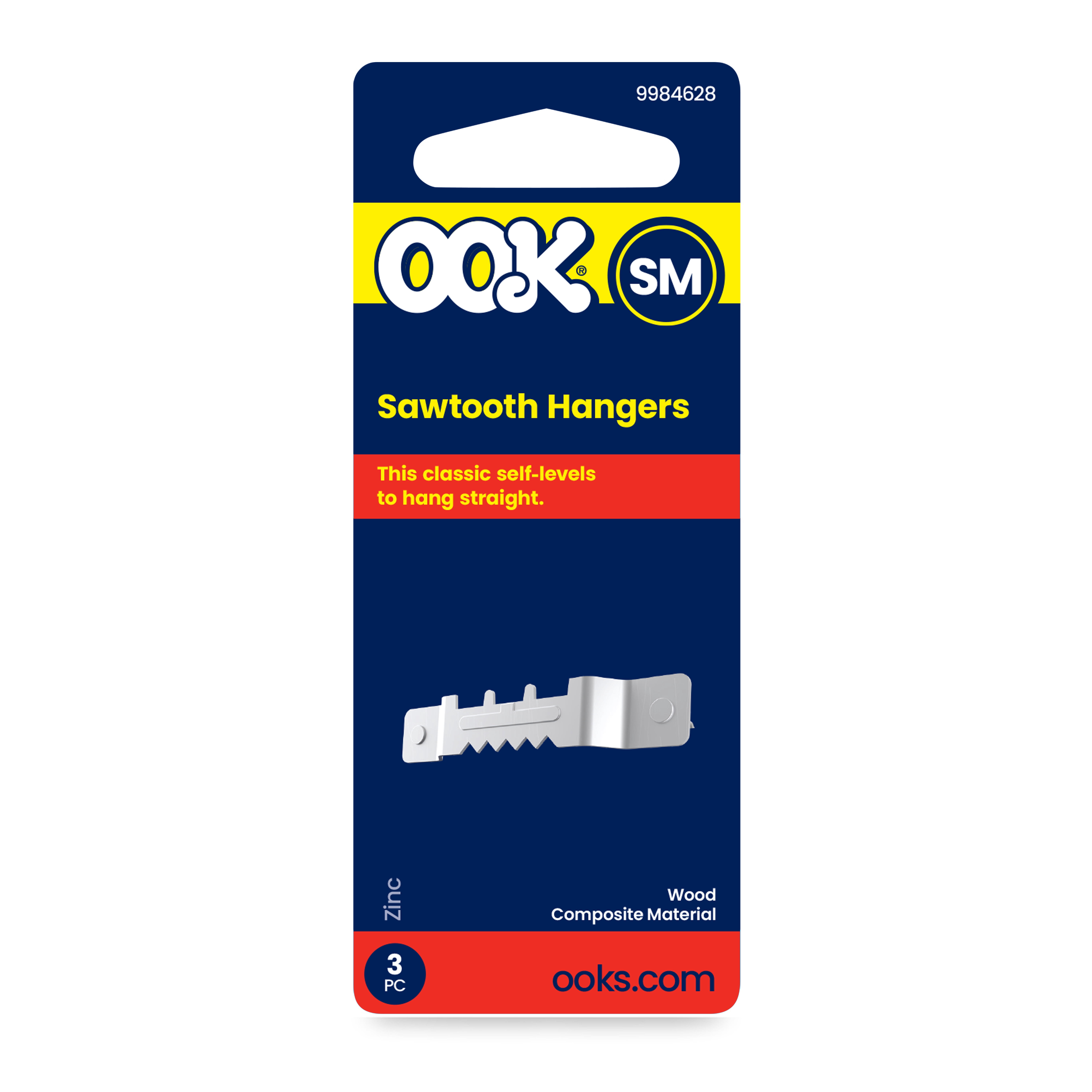 Ook Sawtooth Picture Hangers, ReadyNail, Small, Self-leveling, Steel, Zinc Finish, Silver, 3 pack