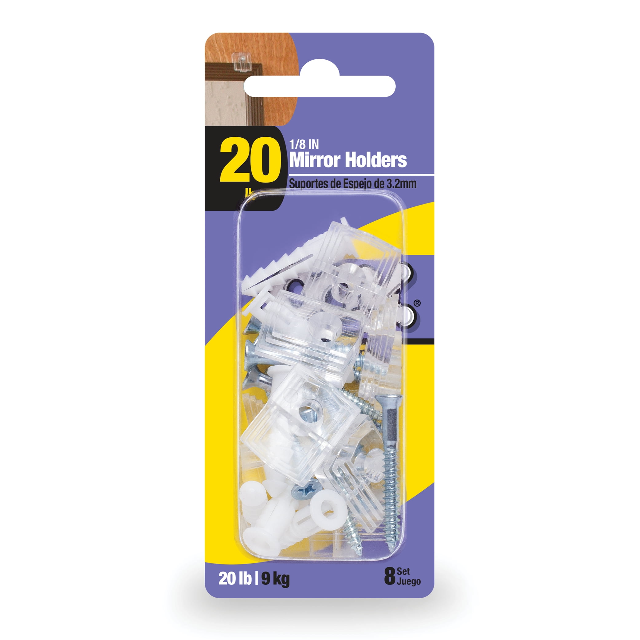 Ook Mirror Holders, Mirror Hangers, 1/8" Depth, 20 lbs, Plastic, Clear, 8 pack