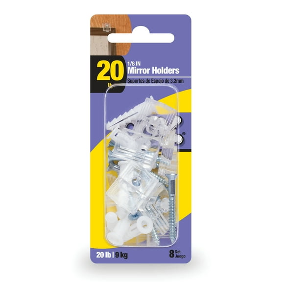 Ook Mirror Holders, Mirror Hangers, 1/8" Depth, 20 lbs, Plastic, Clear, 8 pack