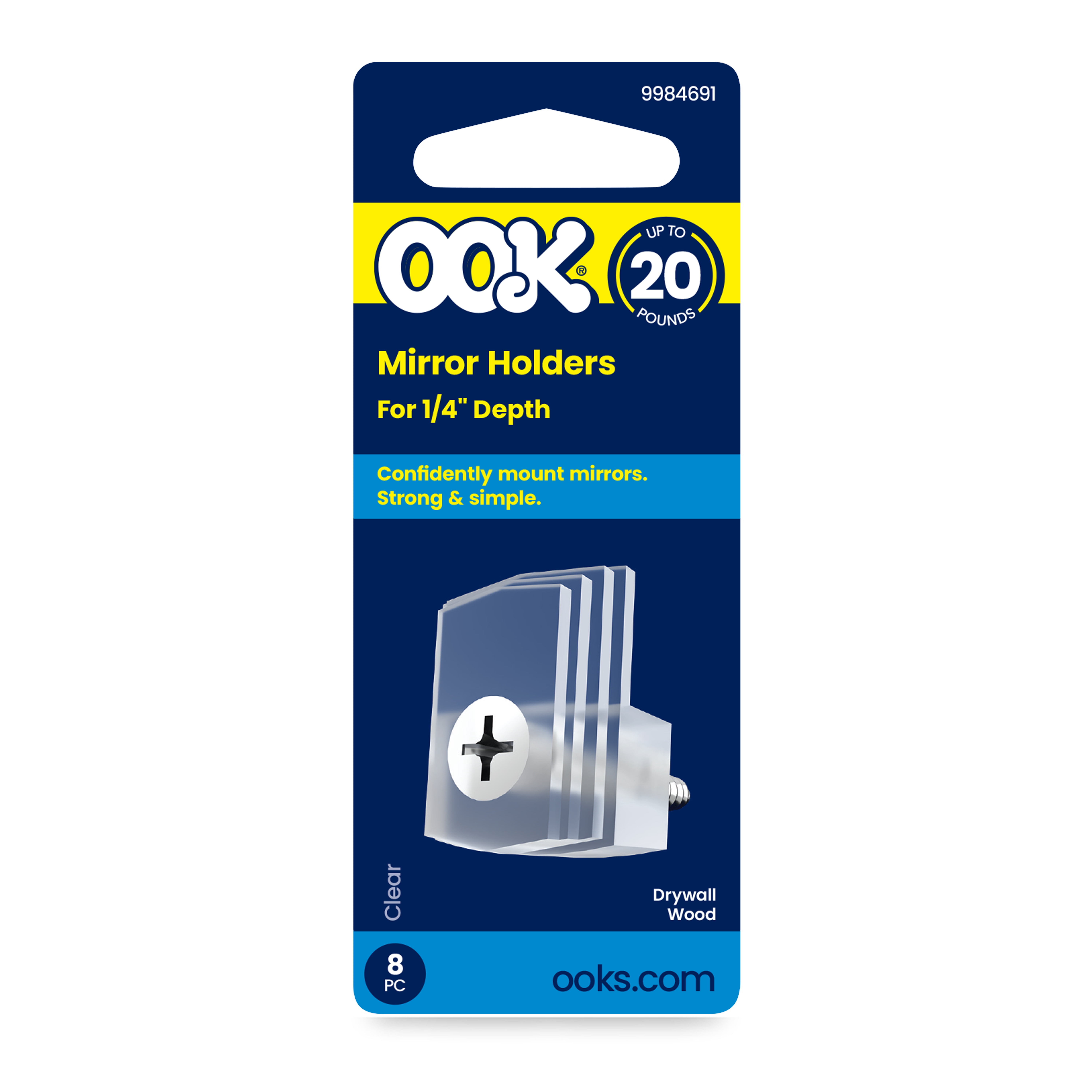 Ook Mirror Holders for 1/4" Depth, 20 lbs, Acrylic, Clear, Clear, 8 pack