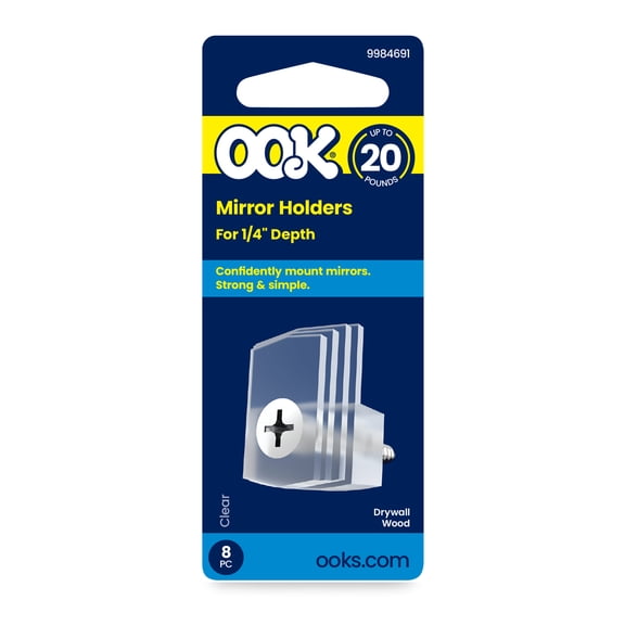 Ook Mirror Holders for 1/4" Depth, 20 lbs, Acrylic, Clear, Clear, 8 pack