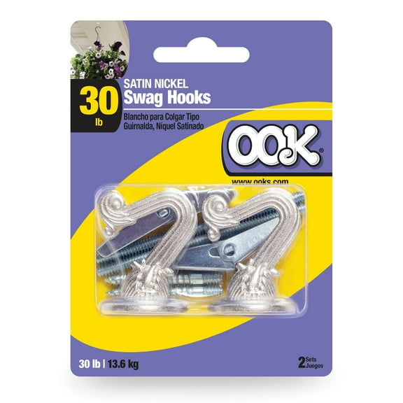 Ook Swag Hook, Screw Hook 30 lbs, Steel, Nickel, Silver, for Drywall and Wood, 2 pack