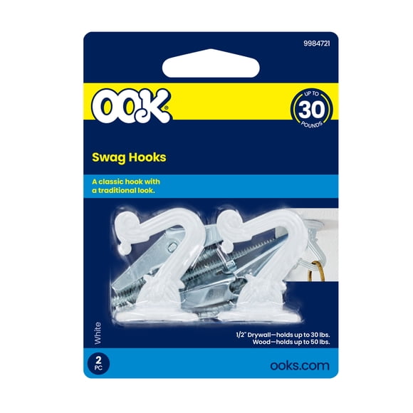 Ook Swag Hook, Screw Hook Small, 30 lbs, Steel, White, White, 2 pack