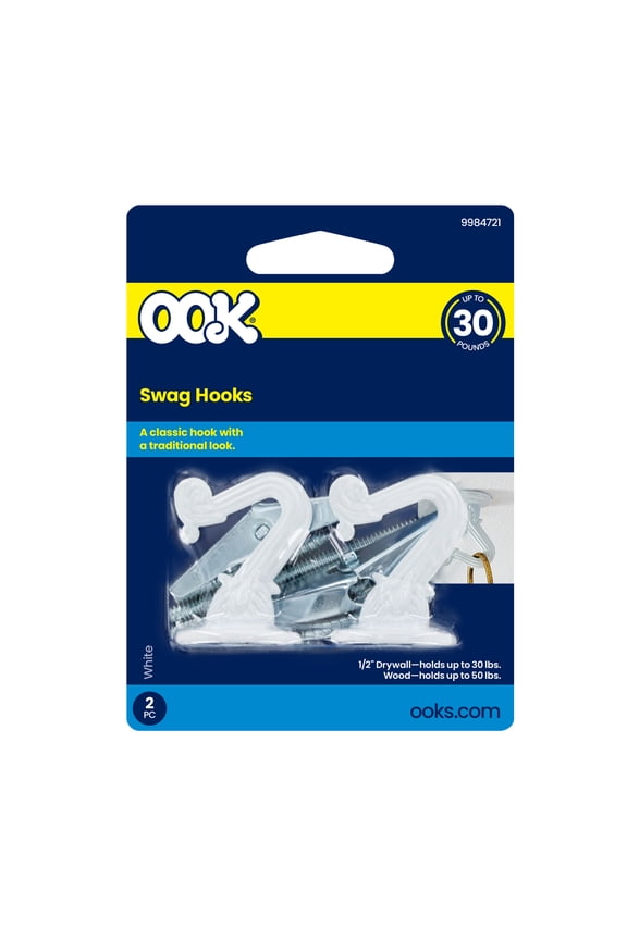 Swag Hook, Screw Hook Small, 30 lbs, Steel, White, White, 2 pack
