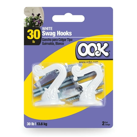 Ook Swag Hook, Screw Hook Small, 30 lbs, Steel, White, White, 2 pack