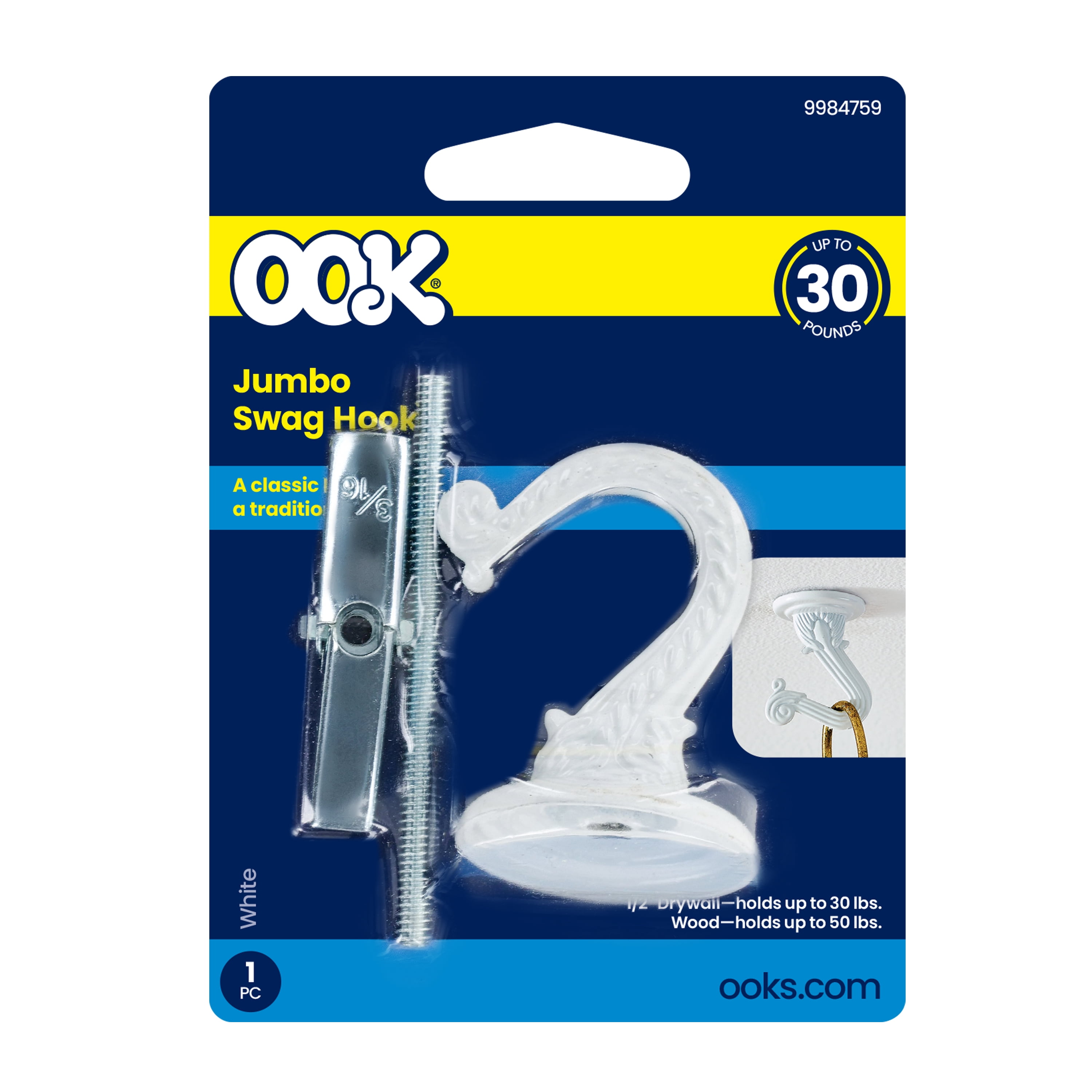 Ook Jumbo Swag Hook, Screw Hook 30 lbs, Steel, White, for Drywall and Wood, 1 pack
