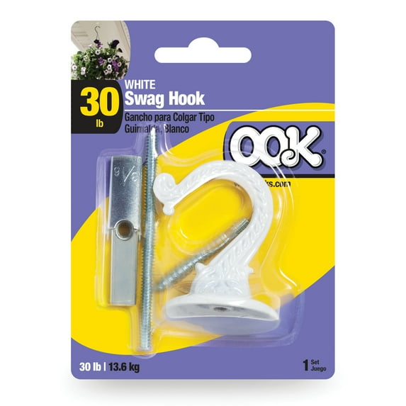 Ook Jumbo Swag Hook, Screw Hook 30 lbs, Steel, White, for Drywall and Wood, 1 pack