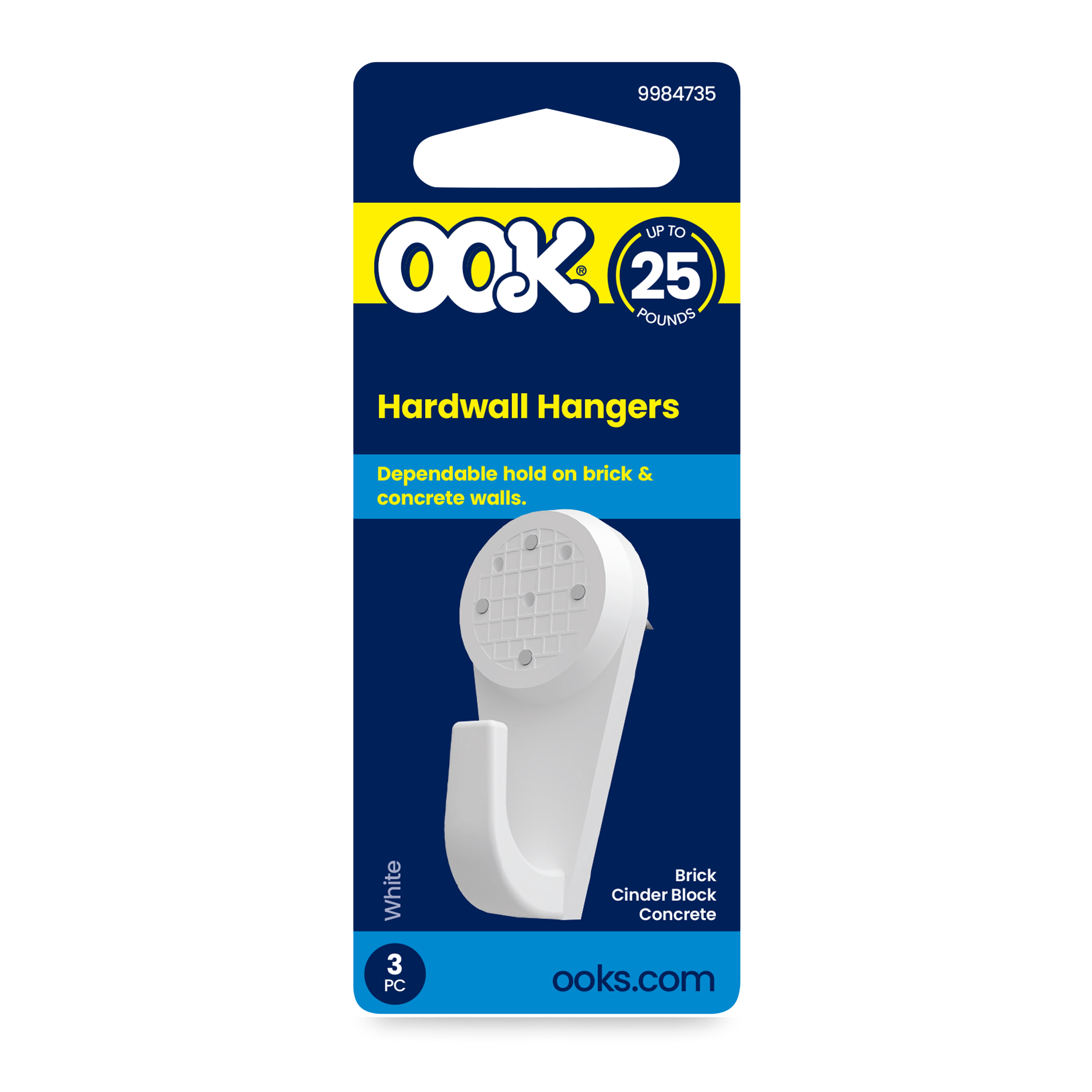 OOK Wall Grip, Hard Wall Hangers, Steel, White, 25LB, 3 Pieces