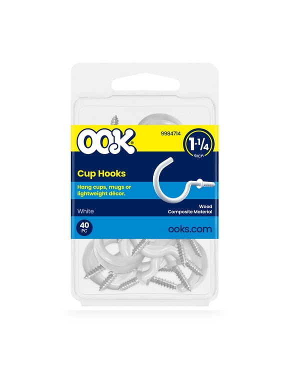 Cup Hooks, 1-1/4", 1 lbs, Screw Hooks, Steel, White Vinyl, 40 pack