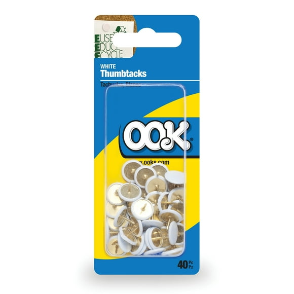 OOK White Steel Thumb Tacks, 1lb, Pack of 40
