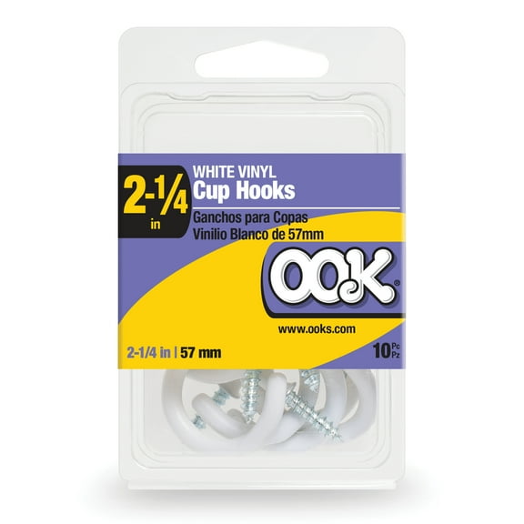 Ook Cup Hooks, 2-1/4", 0.5 lbs, Screw Hooks, Steel, White Vinyl, 10 pack