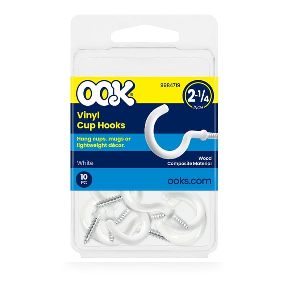 OOK White Vinyl Cup Hooks, 2.25", Screw-in Cup Hooks, 0.5 lbs. 10 Pieces