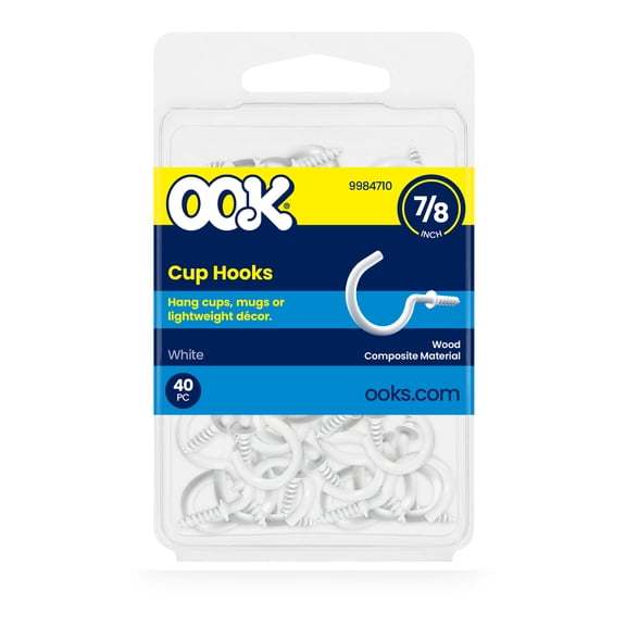 Ook Cup Hooks, 7/8", 0.5 lbs, Screw Hooks, Steel, White Vinyl, 40 pack