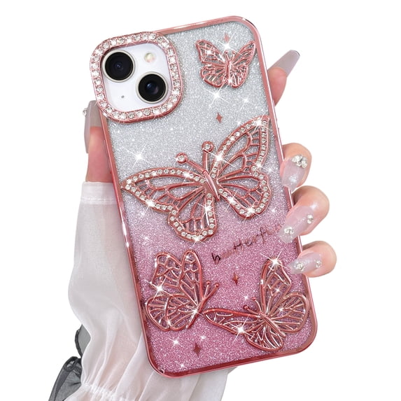 OOK for iPhone 13 Case, Cute 3D Diamond Butterfly Pattern Luxury Slim Plating Bling Glitter Protective Phone Case with Screen Protector for Girls Women, Pink