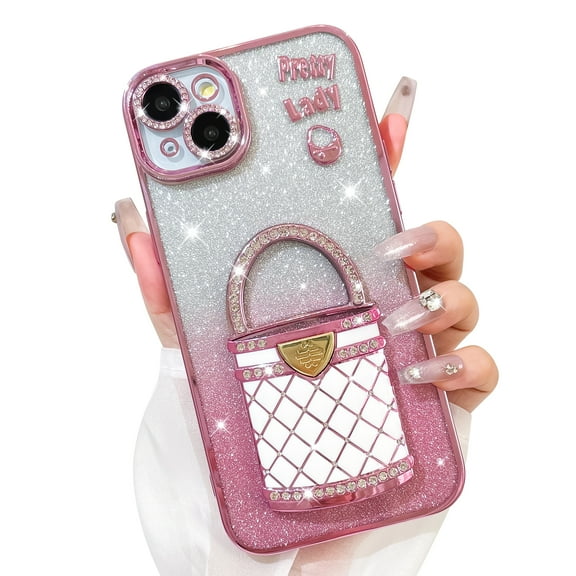 OOK For iPhone 15 Case Bling Glitter with Screen Protector, Luxury 3D Diamond Handbag Pattern Cosmetic Mirror Camera Protection Phone Case with Hidden Kickstand for Girls Women, Pink