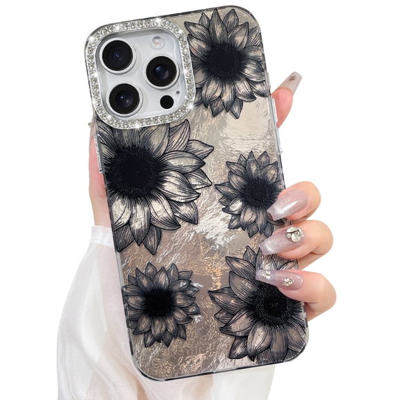 OOK for iPhone 15 Pro Case with Screen Protector, Cute Sunflower Floral Pattern Shiny Bling Glitter Diamond Camera Protection Hard PC Back Shockproof Phone Case for Women Girls, Black