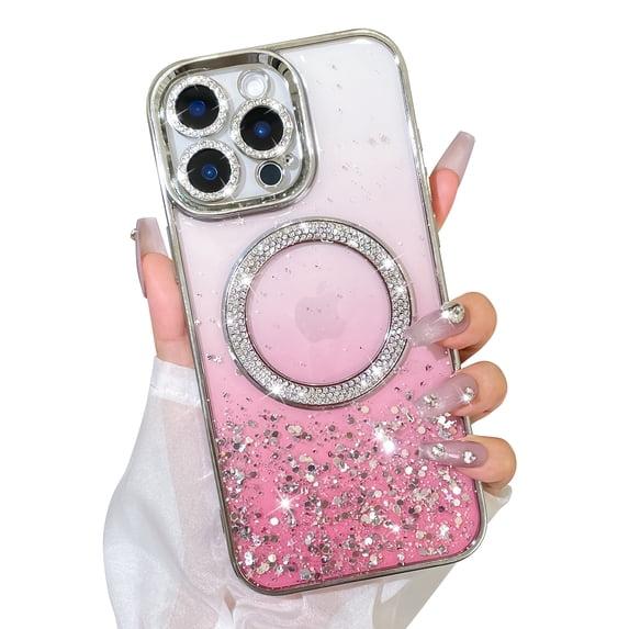 OOK for iPhone 15 Pro Max Case Compatible with Magsafe, Bling Glitter Sparkly Diamond Magnetic Camera Protection Phone Case with Screen Protector for Girls Women, Pink