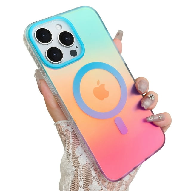 OOK For iPhone 15 Pro Max Case Magnetic, Compatible with Magsafe Cute Gradient Rainbow Iridescent Matte Protective Phone Case with Screen Protector for Girls Women, Fluorescent Blue & Pink