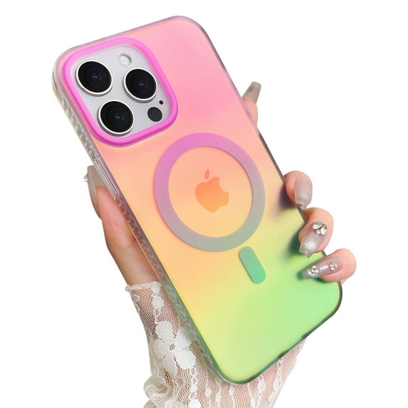 OOK For iPhone 15 Pro Max Case Magnetic, Compatible with Magsafe Cute Gradient Rainbow Iridescent Matte Protective Phone Case with Screen Protector for Girls Women, Fluorescent Pink & Green
