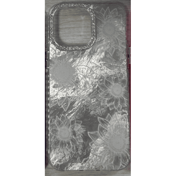 OOK for iPhone 15 Pro Max Case with Screen Protector, Cute Sunflower Floral Pattern Shiny Bling Glitter Diamond Camera Protection Hard PC Back Shockproof Phone Case for Women Girls, White