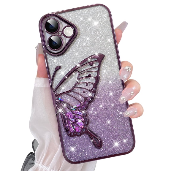 OOK For iPhone 16 Case, Luxury Plating Butterfly Liquid Floating Quicksand Gradient Glitter Lens Protection Phone Case with Screen Protector for Girls Women, Purple