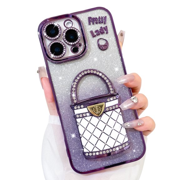 OOK For iPhone 16 Pro Case Bling Glitter with Screen Protector, Luxury 3D Diamond Handbag Pattern Cosmetic Mirror Camera Protection Phone Case with Hidden Kickstand for Girls Women, Purple