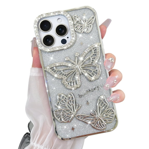 OOK for iPhone 16 Pro Case, Cute 3D Diamond Butterfly Pattern Luxury Slim Plating Bling Glitter Protective Phone Case with Screen Protector for Girls Women, Silver