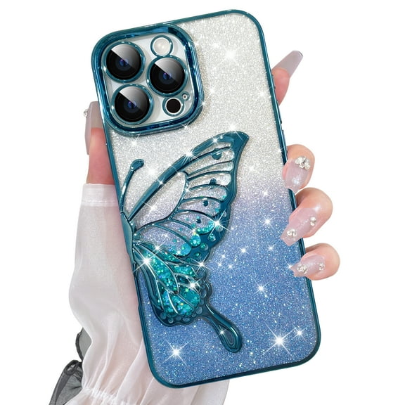 OOK For iPhone 16 Pro Case, Luxury Plating Butterfly Liquid Floating Quicksand Gradient Glitter Lens Protection Phone Case with Screen Protector for Girls Women, Blue