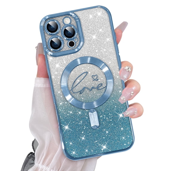 OOK For iPhone 16 Pro Case Magnetic, Compatible with Magsafe Love Heart Glitter Bling Plating Camera Protection Phone Case with Screen Protector for Girls Women, Blue