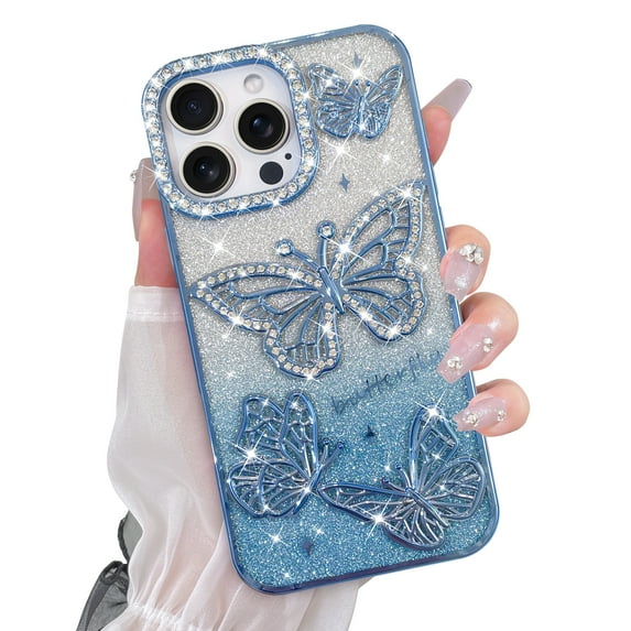 OOK for iPhone 16 Pro Max Case, Cute 3D Diamond Butterfly Pattern Luxury Slim Plating Bling Glitter Protective Phone Case with Screen Protector for Girls Women, Blue