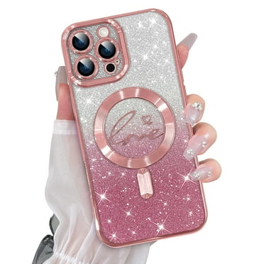 OOK For iPhone 16 Pro Max Case Magnetic, Compatible with Magsafe Love Heart Glitter Bling Plating Camera Protection Phone Case with Screen Protector for Girls Women, Pink