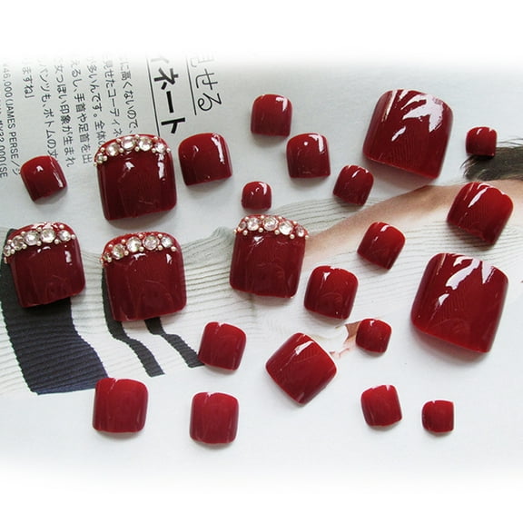 OOKWE 24pcs French Fake Toenails for Women Toes Square Acrylic False Toenails Full Cover Wine Red Feet Nails Stick On Toenails