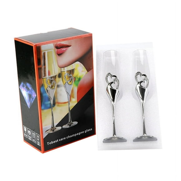 OOKWE 2Pcs Wedding Champagne Glass Set Toasting Flute Glasses with Rhinestone Crystal Rimmed Hearts Decoration Drink Goblet Cup for Party Gifts