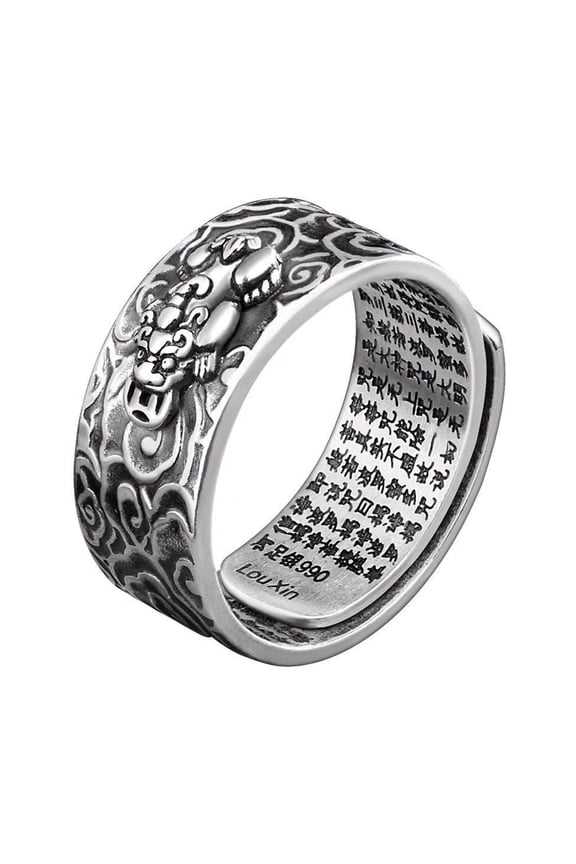 Amulet Wealth Lucky Carving Scripture Adjustable Rings Buddhist Jewelry Gift