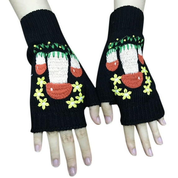 OOKWE Cartoon Gloves Embroidered Mushroom Fingerless Gloves Knitted Stretchy Mittens