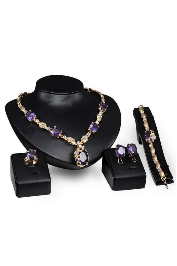 Jewelry Set Purple Gemstone Pendant Necklace Earring Bracelet Ring Party Dress