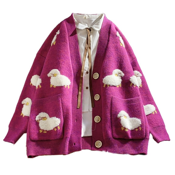 OOKWE Winter Knitted Women Cardigan Cartoon Sheep Button V-Neck Loose Sweater Coat
