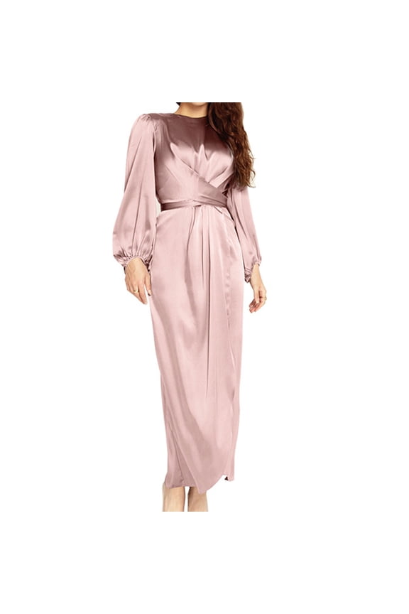 Women Arab Muslim Satin Puff Long Sleeve Wrap Front Maxi Dress Abaya Hijab Robe