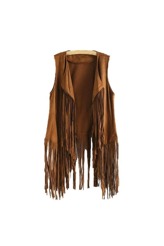 Women Faux Suede Ethnic Sleeveless Jacket Long Fringe Tassels 70s Hippie Open Front Cardigan Vintage Waistcoat Vest Top