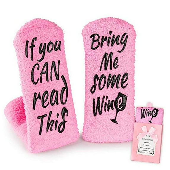 OOKWE Women Fuzzy Velvet Socks If You Can Read This Bring Me Coffee Wine Chocolate Phrase Anti-Slip Hosiery with Cupcake Box