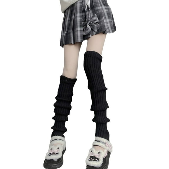 OOKWE Women Lolita Ribbed Knit for Extra Long Leg Warmers Japanese College Striped Solid Color Foot Cover Thigh High Boots Soc