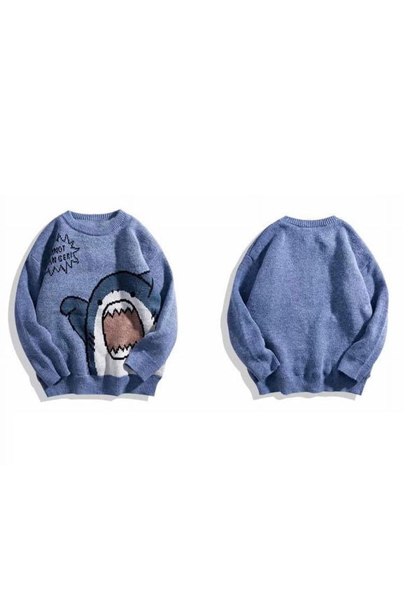 Women Men Cartoon Shark Print Sweater Round Neck Long Sleeve Oversized Pullover Top Harajuku Hip Hop Casual Loose Knitwear Jumper Streetwear