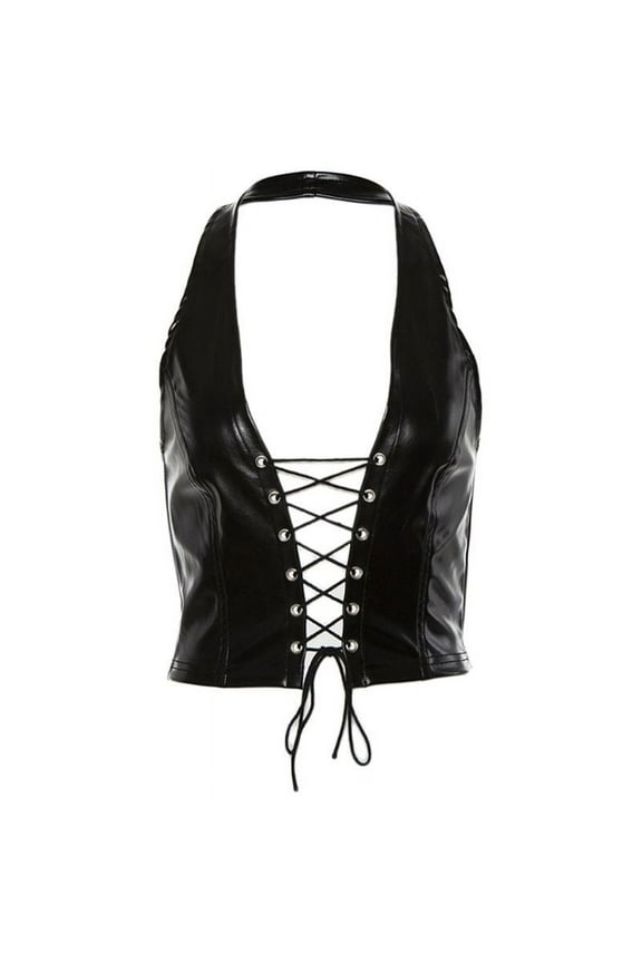 Women Punk Sleeveless Crop Top Halter Backless Faux Leather Lace-Up Hollow Vest