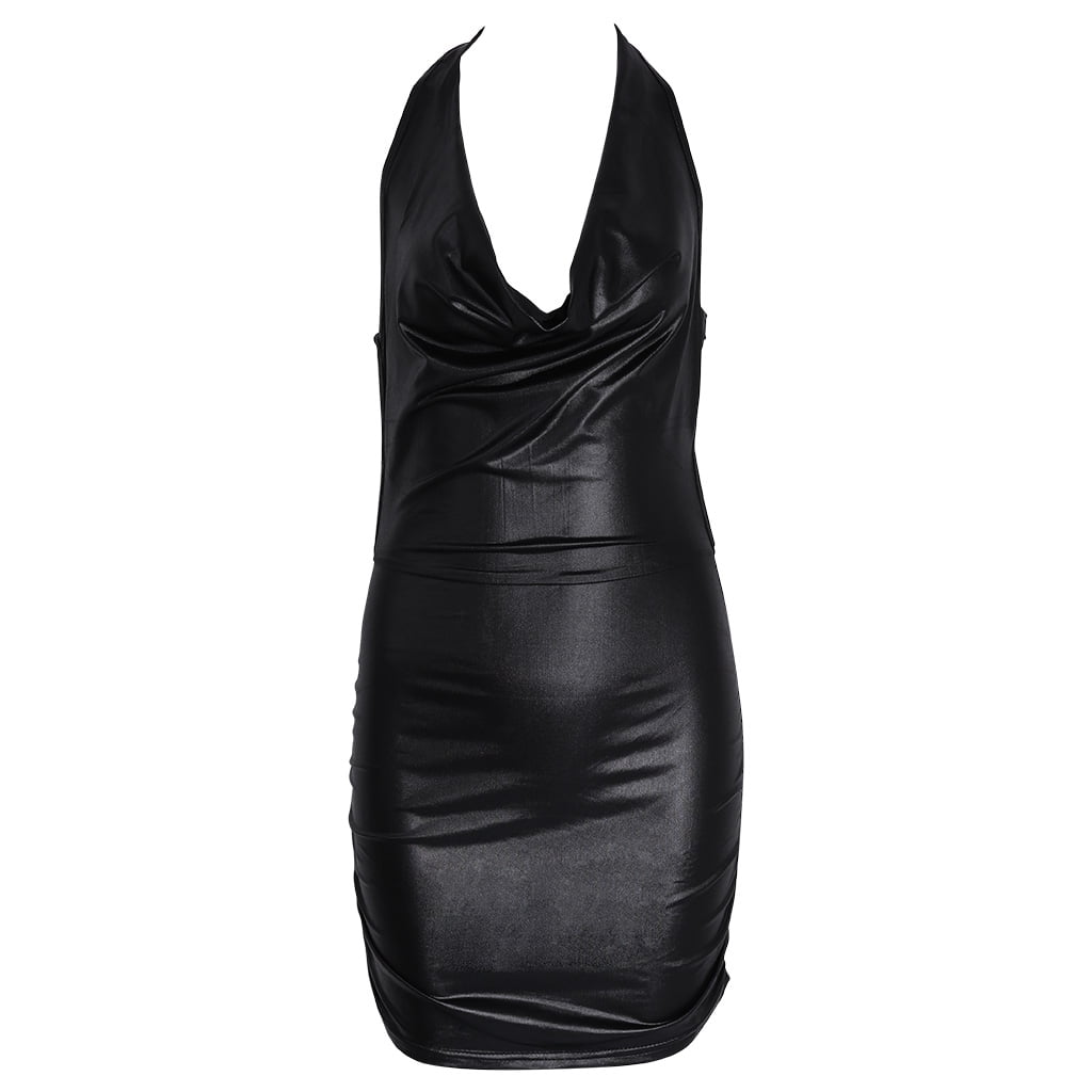 faux leather bandage dress OOKWE Women Sexy Black And Red Wet Look Backless Bodycon Strapless dress