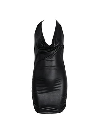MRULIC dresses for women 2022 Sexy Black Faux Leather Short Dress Halter  Top Short Club Dress Wet Look Latex Push Up Bra Mini Dress Women's Casual