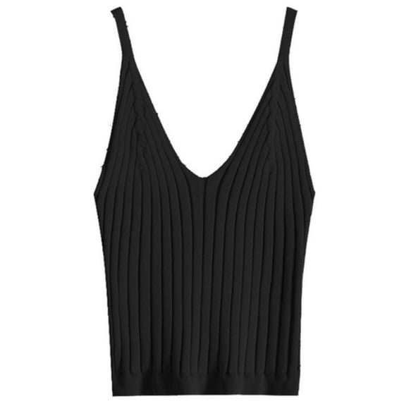 OOKWE Women Sexy Sleeveless Crop Tank Top Ribbed Knitted Spaghetti Strap Camisole Deep V-Neck Solid Color Basic Elastic Slim Sling Vest